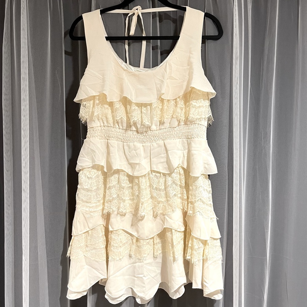 Tiered lace and satin sleeveless dress in cream. New w/ Tag.